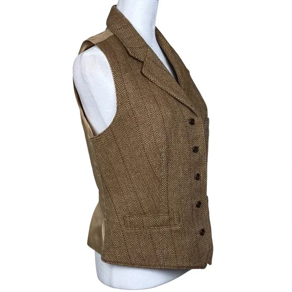 Ralph Lauren Sport Vest Women 10 Brown Herringbone Wool Tweed Waistcoat Academia - Picture 3 of 10